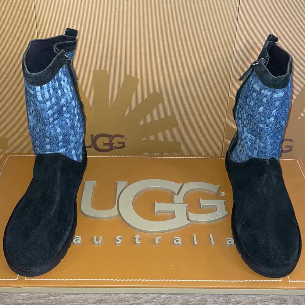 Brand New Women’s UGG Lo Pro Woven Blue/Black Mid Calf Zip Up Suede & Jean Boots